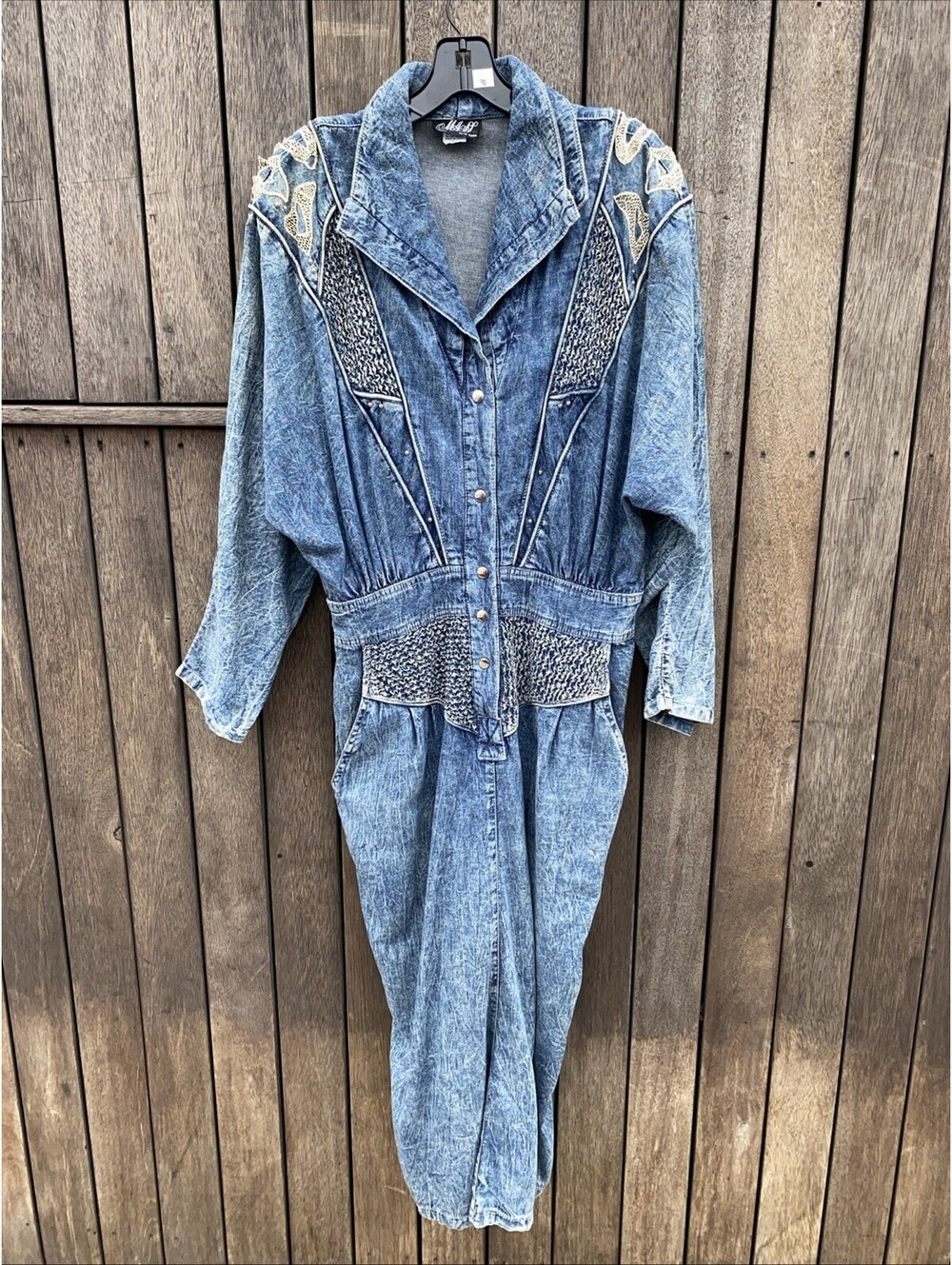 Vtg 1980’s MASS Paris Acid Wash Denim Studded Midi Dress W Pockets L Made In USA
